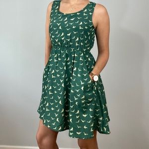 Green Mini Dress with Bird Pattern and POCKETS